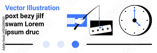 Fishing hook grabbing password bar symbolizes hacking threat, with nearby clock highlighting time sensitivity. Ideal for cybersecurity, cybercrime, protection, awareness, fraud prevention, phishing