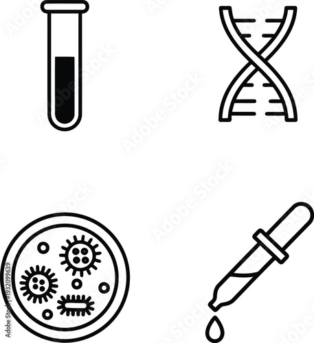Science Laboratory Line Icons Set with Test Tube DNA Petri Dish and Dropper for Medical Research