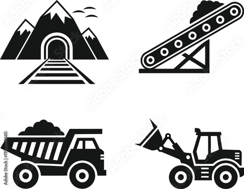 Mining industry icons set with tunnel, conveyor belt, dump truck, and loader in black silhouette style