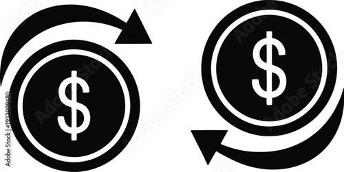 Black Dollar Coin Icons with Arrows for Money Transfer, Payment, and Financial Transaction Concepts