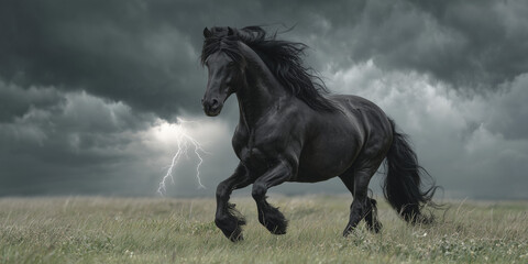 Magnificent black horse galloping through a green field with lightning and stormy sky