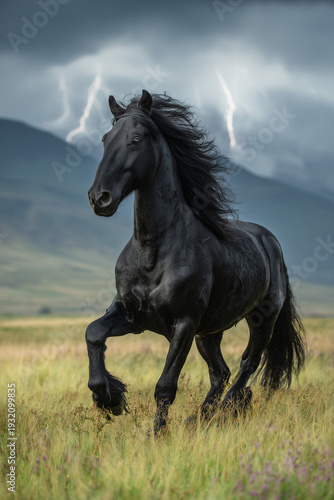 Magnificent black horse galloping through a green field with lightning and stormy sky