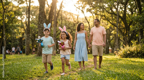 Happy family enjoying Easter egg hunt in sunny forest together