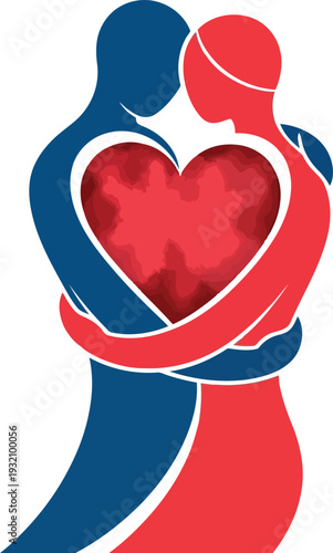 Romantic Couple Embrace with Heart Symbol Vector Illustration for Valentine’s Day and Love Concepts