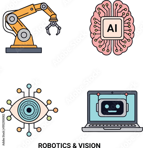 Robotics and Vision Technology Icons Set Featuring AI, Automation, Machine Learning, and Computer Vision