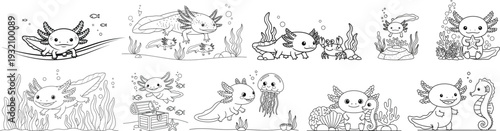 Set of cute axolotl drawings, black and white, handdrawn style, isolated elements for design and decoration