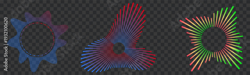 Colorful abstract burst shapes with lines radiating outward from center isolated on transparent background for graphic design Vector