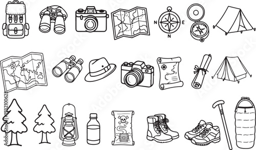 Line-art collection of hand-drawn camping and travel icons including tents, compass, map, backpack, binoculars, camera, lantern and sleeping bag, ideal for outdoor, hiking, adventure and nature design