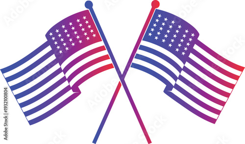 Two American flags with gradient colors crossed on poles American flag, USA flag