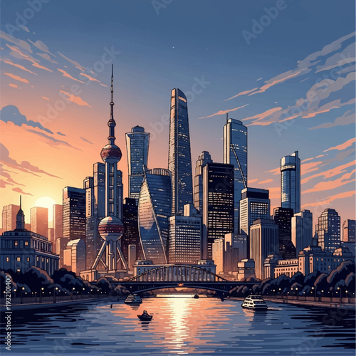 Modern cityscape with skyscrapers and river at sunset.