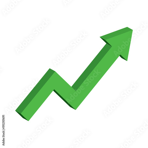 Green arrow pointing up 3D vector. Isometric growth chart icon for business success, financial profit, stock market increase, progress concept, and corporate data visualization. Isolated object.