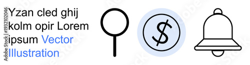 Search functionality, financial transactions, notifications, user experience, reminders, online tools. Magnifying glass, dollar sign bell icon. Search functionality and financial transactions