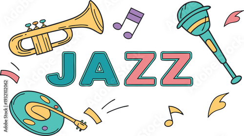 Colorful illustration of jazz musical instruments and notes with text