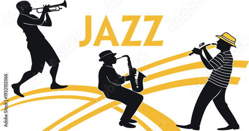 Jazz musicians playing trumpet, saxophone, and clarinet in dynamic poses with yellow music waves