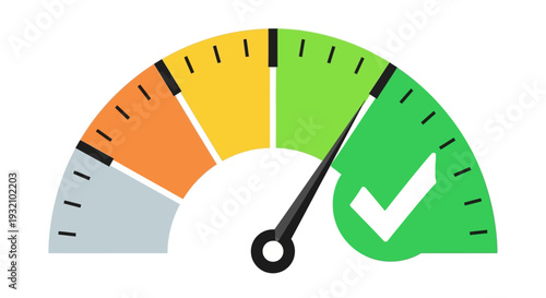 Speedometer gauge with needle pointing to green zone and checkmark.