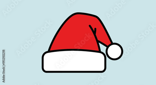 Simple red Christmas hat with white trim on a light blue background.