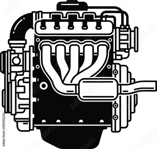 Black Silhouette of a Car Engine with Exhaust Manifold automobile motor
