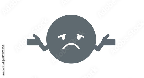 A grey emoticon with a frowning face and outstretched arms on a white background.