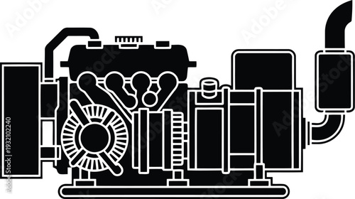Black silhouette of a portable generator engine and alternator power generator electricity