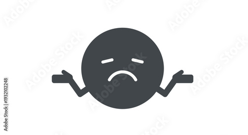 A simple black emoticon with a sad expression and outstretched arms on a white background.