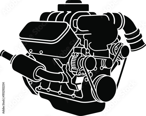 Black silhouette of a V8 engine with exhaust pipes and belts motor automobile
