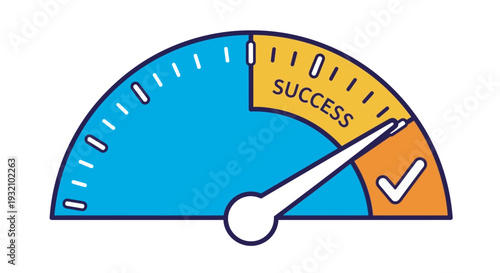 Success indicator on a gauge meter with checkmark.