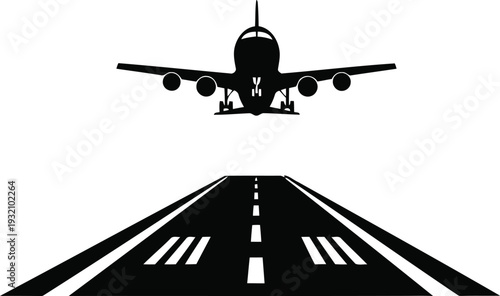 Black silhouette of airplane landing on runway on white background aircraft