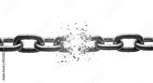 Broken chain link on transparent background with particles flying apart