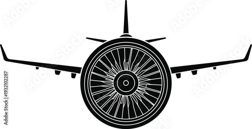 Front view silhouette of an airplane with a visible jet engine fan aircraft