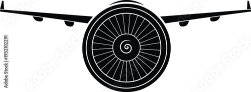 Front view silhouette of an airplane engine with wings on white background aircraft