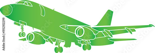 Green Gradient Silhouette of a Jet Airplane with Landing Gear Extended vector