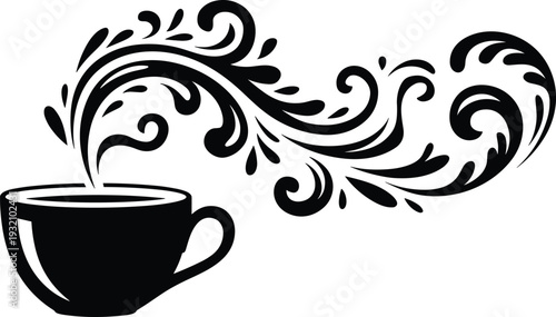 Abstract coffee cup silhouette with decorative steam swirl, elegant black and white cafe icon, hot beverage illustration, modern minimal design