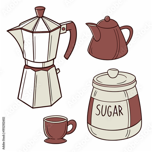 Hand drawn coffee brewing accessories: moka pot, teapot, sugar canister, and espresso cup for beverage service