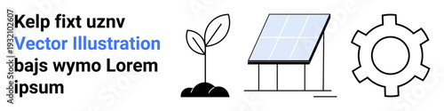 Solar panel, young plant sprout, and gear illustration representing sustainability, renewable energy, innovation, technology integration, eco-friendly practices, green growth, simple landing page
