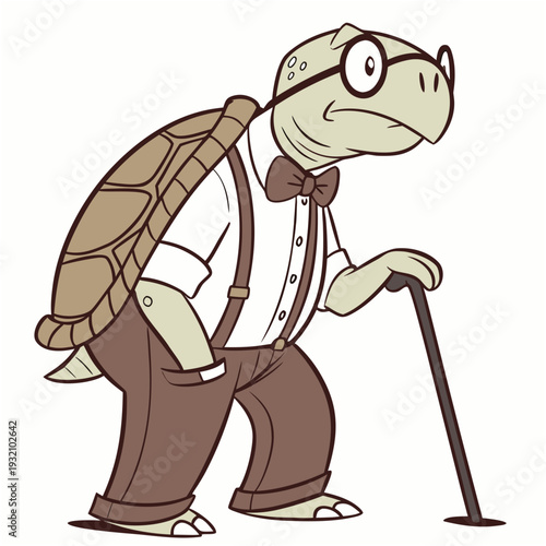 Distinguished elderly tortoise with spectacles, bowtie, and walking cane embodying wisdom and elegant aging