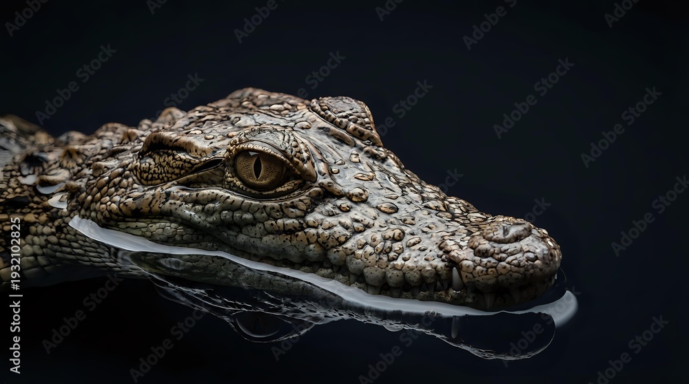 Fototapeta premium Crocodile head emerging from dark water with detailed scaly skin texture and piercing golden eye creating dramatic wildlife portrait for nature photography.