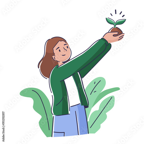 Woman Holding Seedling Character