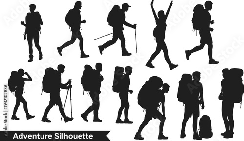 Adventure hiking silhouette set, backpackers trekking walking camping outdoors, travel lifestyle exploration vector illustration isolated on white background