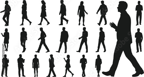 Business people walking silhouette set, professional men and women corporate poses, urban lifestyle characters isolated vector illustration