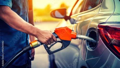 Filling up car with gasoline at gas station.