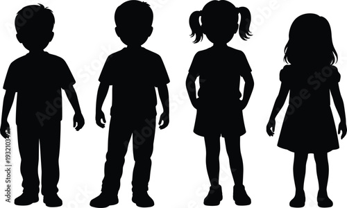 Children standing silhouettes front view, boys and girls figures, kids collection, black child silhouettes isolated on white