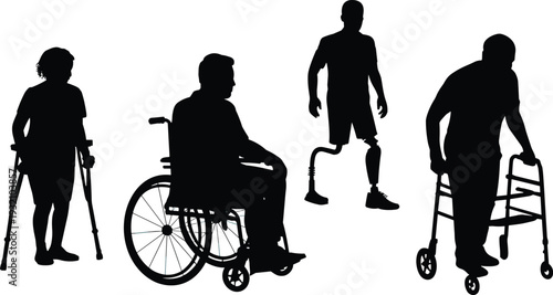 Disabled people silhouettes collection, wheelchair user, prosthetic leg, crutches and walker mobility aid, inclusive healthcare concept illustration