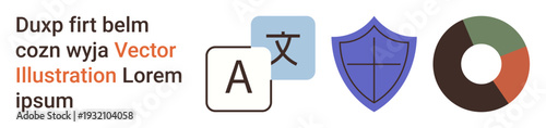 Language learning, cybersecurity, data analysis, education, tech development, online tools. ion includes translation symbol, shield and pie chart. Language learning and cybersecurity concepts