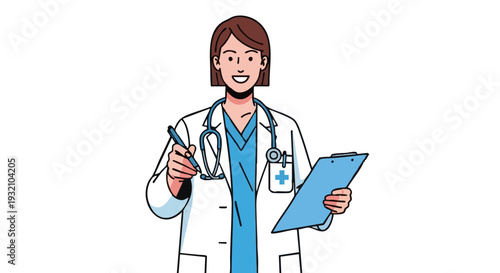 Smiling female doctor holding clipboard and pen. Vector illustration of a healthcare professional in lab coat.