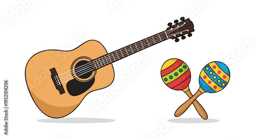 Acoustic guitar and colorful maracas illustration. Vector graphic of Latin musical instruments isolated on white.