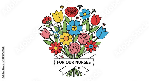 Vector illustration of a colorful flower bouquet with medical icons. A thank you gift for nurses and healthcare workers.