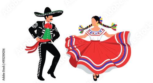 Vector illustration of a couple in traditional clothing performing a Mexican folk dance.