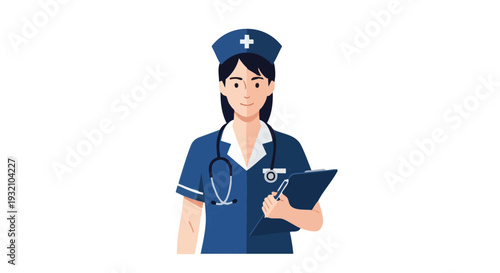 Night shift nurse character in blue scrubs holding a clipboard. Medical professional vector illustration.