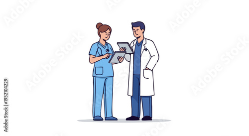 Vector illustration of a doctor and nurse collaborating with digital tablets