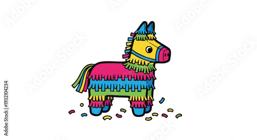 Cartoon donkey piñata vector illustration. Brightly colored party decoration for a festive celebration or fiesta isolated on white.